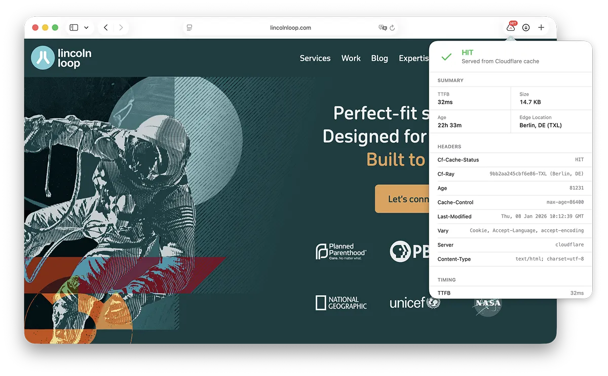 Safari Cache Status extension showing a HIT status from Cloudflare (Light Mode)