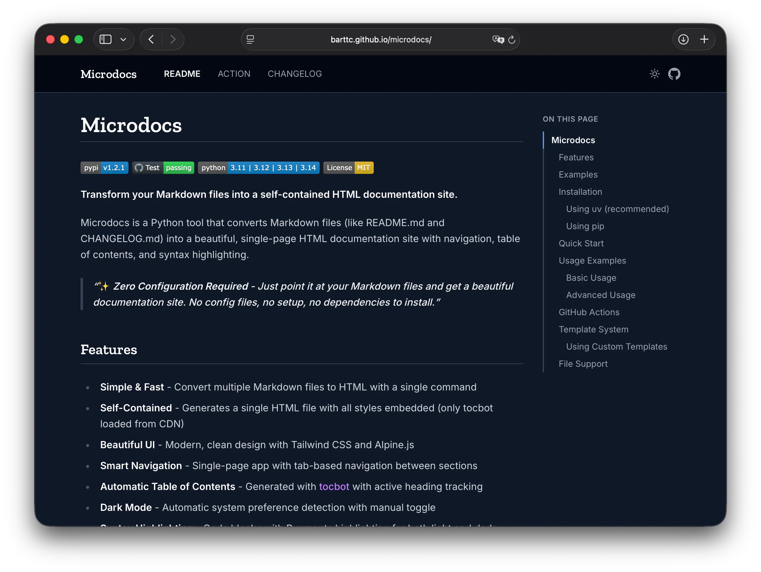 A screenshot of a Microdocs powered documentation.