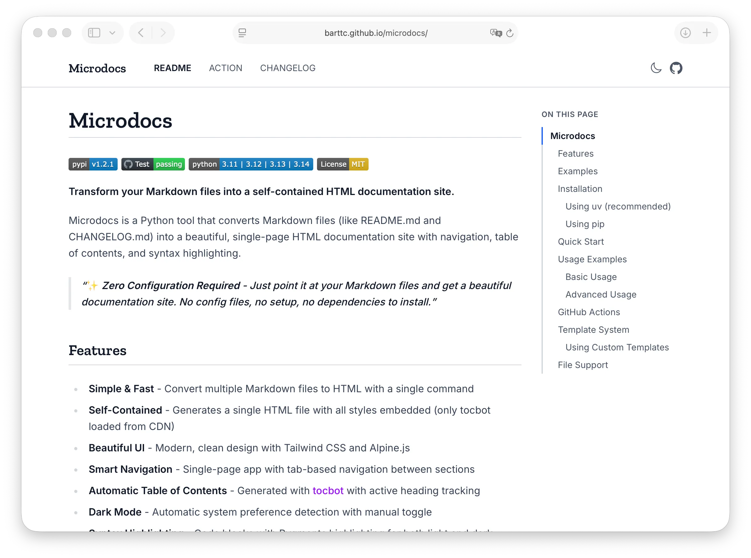 A screenshot of a Microdocs powered documentation.