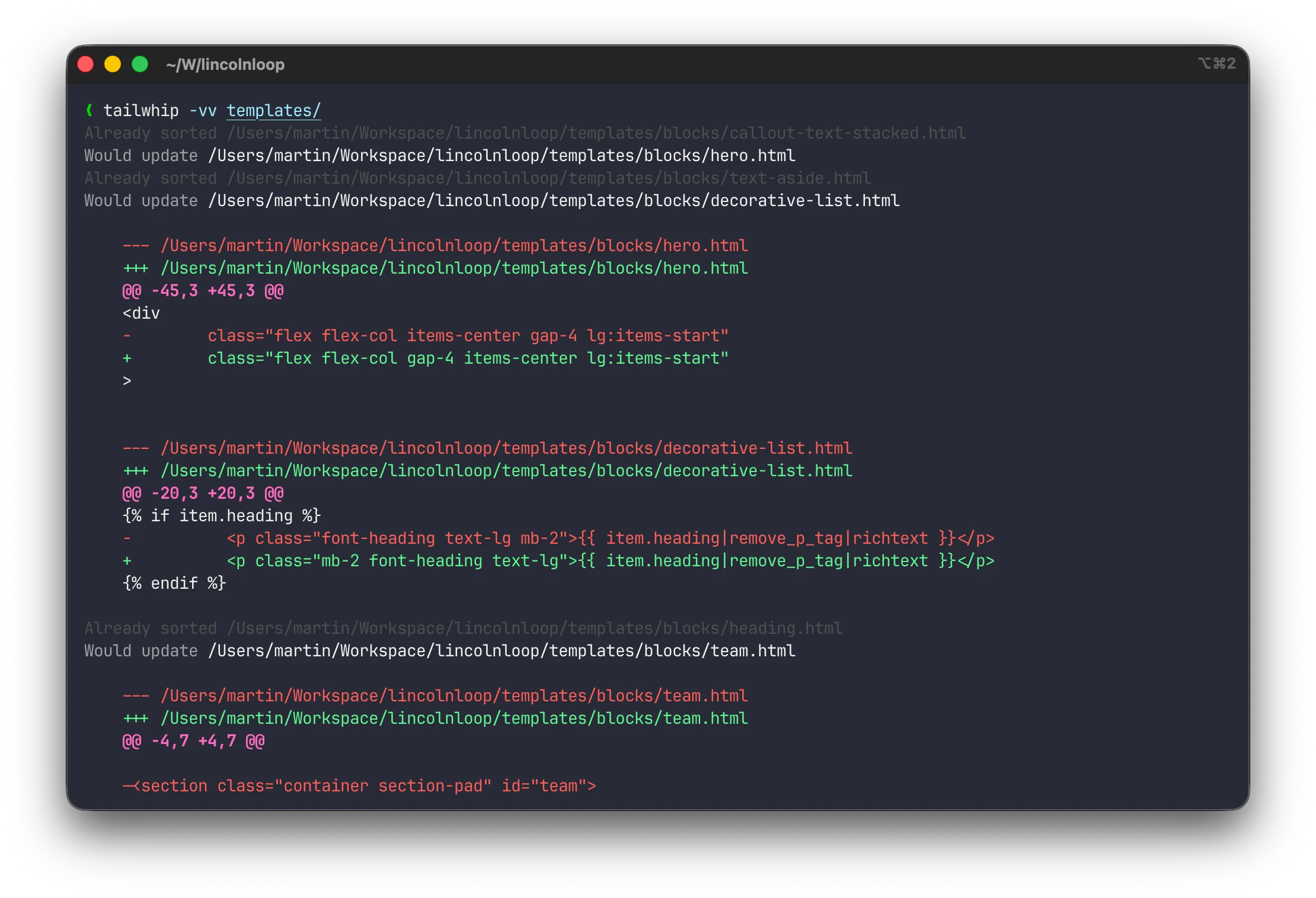 A screenshot of Tailwhip sorting Tailwind classes in a terminal.